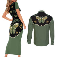 Retro Butterfly Couples Matching Short Sleeve Bodycon Dress and Long Sleeve Button Shirt Western Yoke Style - Wonder Print Shop
