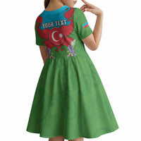 Personalized Azerbaijan Kid Short Sleeve Dress Khari Bulbul Buta Pattern Emblem Flame