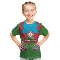 Personalized Azerbaijan Kid T Shirt Khari Bulbul Buta Pattern Emblem Flame
