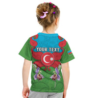 Personalized Azerbaijan Kid T Shirt Khari Bulbul Buta Pattern Emblem Flame