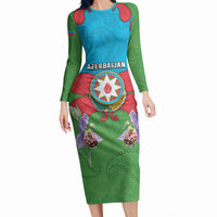 Personalized Azerbaijan Long Sleeve Bodycon Dress Khari Bulbul Buta Pattern Emblem Flame