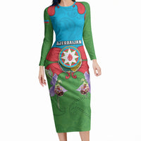 Personalized Azerbaijan Long Sleeve Bodycon Dress Khari Bulbul Buta Pattern Emblem Flame