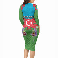 Personalized Azerbaijan Long Sleeve Bodycon Dress Khari Bulbul Buta Pattern Emblem Flame