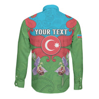 Personalized Azerbaijan Long Sleeve Button Shirt Khari Bulbul Buta Pattern Emblem Flame