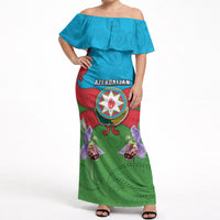 Personalized Azerbaijan Off Shoulder Maxi Dress Khari Bulbul Buta Pattern Emblem Flame