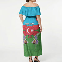 Personalized Azerbaijan Off Shoulder Maxi Dress Khari Bulbul Buta Pattern Emblem Flame
