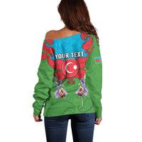 Personalized Azerbaijan Off Shoulder Sweater Khari Bulbul Buta Pattern Emblem Flame