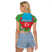 Personalized Azerbaijan Raglan Cropped T Shirt Khari Bulbul Buta Pattern Emblem Flame
