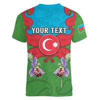 Personalized Azerbaijan Women V-Neck T-Shirt Khari Bulbul Buta Pattern Emblem Flame