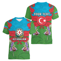Personalized Azerbaijan Women V-Neck T-Shirt Khari Bulbul Buta Pattern Emblem Flame