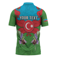 Personalized Azerbaijan Zipper Polo Shirt Khari Bulbul Buta Pattern Emblem Flame