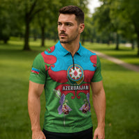 Personalized Azerbaijan Zipper Polo Shirt Khari Bulbul Buta Pattern Emblem Flame
