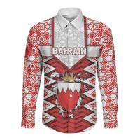 Personalized Bahrain Long Sleeve Button Shirt Royal Coat Of Arms And Map Islamic Pattern
