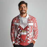 Personalized Bahrain Long Sleeve Polo Shirt Royal Coat Of Arms And Map Islamic Pattern