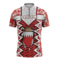 Personalized Bahrain Zipper Polo Shirt Royal Coat Of Arms And Map Islamic Pattern