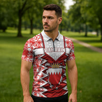 Personalized Bahrain Zipper Polo Shirt Royal Coat Of Arms And Map Islamic Pattern