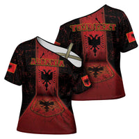 Personalized Albania Cross Shoulder Shirt Black Double Headed Eagle - Wonder Print Shop