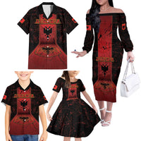 Personalized Albania Family Matching Off The Shoulder Long Sleeve Dress and Hawaiian Shirt Black Double Headed Eagle - Wonder Print Shop