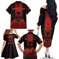 Personalized Albania Family Matching Off The Shoulder Long Sleeve Dress and Hawaiian Shirt Black Double Headed Eagle - Wonder Print Shop