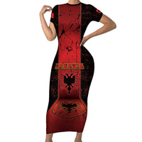 Personalized Albania Short Sleeve Bodycon Dress Black Double Headed Eagle - Wonder Print Shop