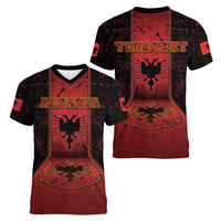 Personalized Albania Women V-Neck T-Shirt Black Double Headed Eagle - Wonder Print Shop