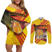 Personalized Andorra Couples Matching Off Shoulder Short Dress and Long Sleeve Button Shirt The Grandalla Flowers With Symbol - Wonder Print Shop