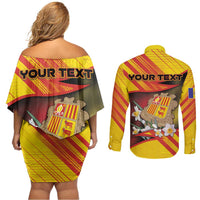 Personalized Andorra Couples Matching Off Shoulder Short Dress and Long Sleeve Button Shirt The Grandalla Flowers With Symbol - Wonder Print Shop