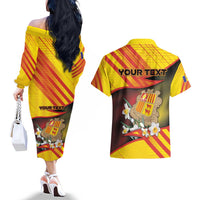 Personalized Andorra Couples Matching Off The Shoulder Long Sleeve Dress and Hawaiian Shirt The Grandalla Flowers With Symbol - Wonder Print Shop