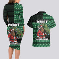 Bigfoot Christmas Couples Matching Long Sleeve Bodycon Dress and Hawaiian Shirt Squatching Through The Snow - Wonder Print Shop