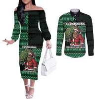 Bigfoot Christmas Couples Matching Off The Shoulder Long Sleeve Dress and Long Sleeve Button Shirt Squatching Through The Snow - Wonder Print Shop