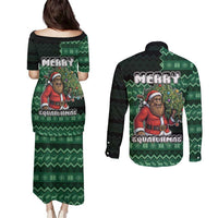 Bigfoot Christmas Couples Matching Puletasi and Long Sleeve Button Shirt Squatching Through The Snow - Wonder Print Shop