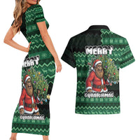 Bigfoot Christmas Couples Matching Short Sleeve Bodycon Dress and Hawaiian Shirt Squatching Through The Snow - Wonder Print Shop