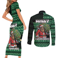 Bigfoot Christmas Couples Matching Short Sleeve Bodycon Dress and Long Sleeve Button Shirt Squatching Through The Snow - Wonder Print Shop
