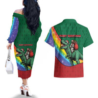 T Rex And Jesus Christmas Couples Matching Off The Shoulder Long Sleeve Dress and Hawaiian Shirt Not Today Santa - Wonder Print Shop