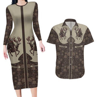 Western Yoke Couples Matching Long Sleeve Bodycon Dress and Hawaiian Shirt Skeleton Cowboy Santa On A Reindeer - Wonder Print Shop