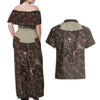 Western Yoke Couples Matching Off Shoulder Maxi Dress and Hawaiian Shirt Skeleton Cowboy Santa On A Reindeer - Wonder Print Shop