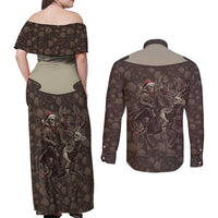 Western Yoke Couples Matching Off Shoulder Maxi Dress and Long Sleeve Button Shirt Skeleton Cowboy Santa On A Reindeer - Wonder Print Shop