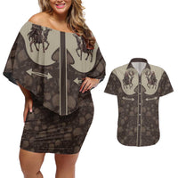 Western Yoke Couples Matching Off Shoulder Short Dress and Hawaiian Shirt Skeleton Cowboy Santa On A Reindeer - Wonder Print Shop