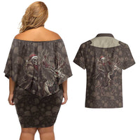 Western Yoke Couples Matching Off Shoulder Short Dress and Hawaiian Shirt Skeleton Cowboy Santa On A Reindeer - Wonder Print Shop