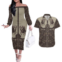 Western Yoke Couples Matching Off The Shoulder Long Sleeve Dress and Hawaiian Shirt Skeleton Cowboy Santa On A Reindeer - Wonder Print Shop