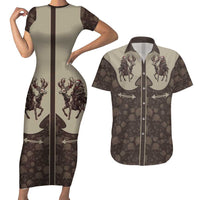 Western Yoke Couples Matching Short Sleeve Bodycon Dress and Hawaiian Shirt Skeleton Cowboy Santa On A Reindeer - Wonder Print Shop