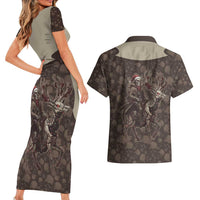 Western Yoke Couples Matching Short Sleeve Bodycon Dress and Hawaiian Shirt Skeleton Cowboy Santa On A Reindeer - Wonder Print Shop