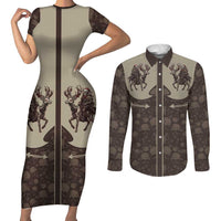 Western Yoke Couples Matching Short Sleeve Bodycon Dress and Long Sleeve Button Shirt Skeleton Cowboy Santa On A Reindeer - Wonder Print Shop