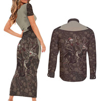 Western Yoke Couples Matching Short Sleeve Bodycon Dress and Long Sleeve Button Shirt Skeleton Cowboy Santa On A Reindeer - Wonder Print Shop
