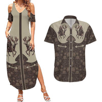 Western Yoke Couples Matching Summer Maxi Dress and Hawaiian Shirt Skeleton Cowboy Santa On A Reindeer - Wonder Print Shop