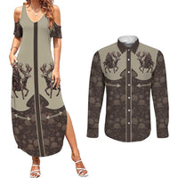 Western Yoke Couples Matching Summer Maxi Dress and Long Sleeve Button Shirt Skeleton Cowboy Santa On A Reindeer - Wonder Print Shop