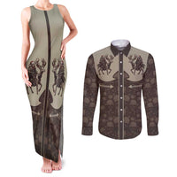 Western Yoke Couples Matching Tank Maxi Dress and Long Sleeve Button Shirt Skeleton Cowboy Santa On A Reindeer - Wonder Print Shop