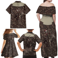Western Yoke Family Matching Off Shoulder Maxi Dress and Hawaiian Shirt Skeleton Cowboy Santa On A Reindeer - Wonder Print Shop