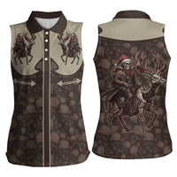Western Yoke Women Sleeveless Polo Shirt Skeleton Cowboy Santa On A Reindeer - Wonder Print Shop