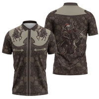 Western Yoke Zipper Polo Shirt Skeleton Cowboy Santa On A Reindeer - Wonder Print Shop